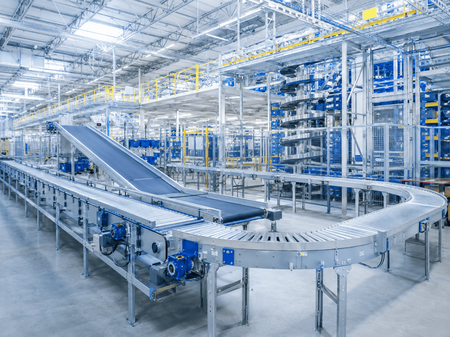 Automated conveyor equipment and material handling line inside a distribution facility