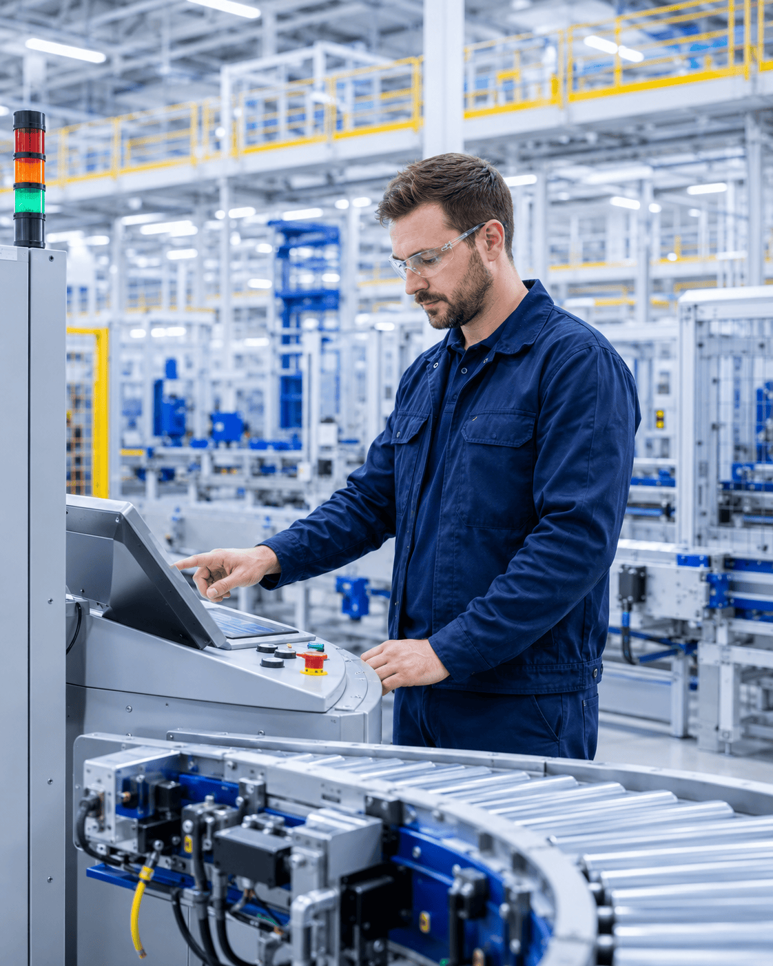 Industrial team member working around facility automation and material handling equipment