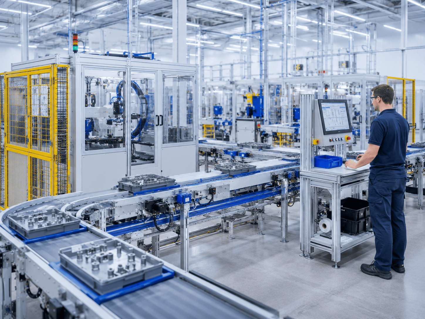 Manufacturing material handling system with conveyor equipment and operator workstation